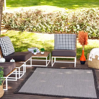 Surya Outdoor Teppich wetterfest, Arsuz - In und Outdoor Teppich für Balkon 200x275 cm, Terrasse, Garten, Küche - Outdoor Teppich Boho Style, Teppich für draußen - Teppich Holzkohle, Grau, Elfenbein