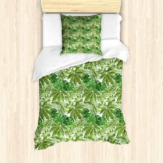 ABAKUHAUS Palmblatt Mantele, Dschungel-Laub-Eco, Milbensicher Allergiker geeignet mit Kissenbezügen, 135 cm x 200 cm - 80 x 80 cm, Green Olive Green White