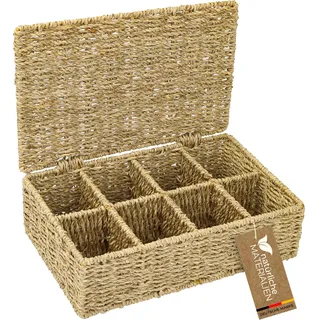 HMF Teebox aus Seegras mit 8 Fächern zur Aufbewahrung von Teebeuteln, Aufbewahrungskorb als Organizer für Küche, Bad, Wohnbereich | 33 x 21 x 10 cm | Natur