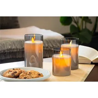 Unyqoos® Flackernde LED-Wachskerzen mit beweglicher Flamme & Wachsmantel, 6/18 h Timer, batteriebetrieben (3×AAA) – sichere Innenbeleuchtung - Grau