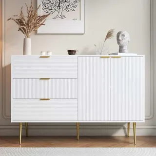 RAPRAP Weiss Sideboard für Wohnzimmer, Esszimmer, Flur, Kommoden & Sideboards mit 3 Schubladen, 2 Türen, Goldbeinen & Wellenmuster, 120L x 38B x 80,5 H(cm),Weiß,H
