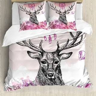 ABAKUHAUS Hirsch Bettbezug, Blumen-Blätter Hand gezeichnet, Milbensicher Allergiker geeignet mit Kissenbezügen, 155 cm x 220 cm - 80 x 80 cm, schwarz Fuchsia - Schwarz