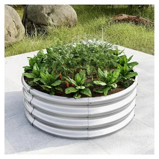 Erhöhtes Gartenbett aus verzinktem Stahl, runde Form für den Anbau von Gemüse, Früchten und Blumen, Silber 80x80x30cm