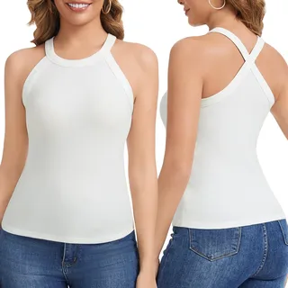 LEYSHE Sommer Tanktop Damen Sexy Neckholder Trägerkreuz Camisole Top RIPP Ärmellos Oberteile Frauen Basic Trägershirt,SWH,S