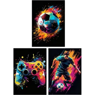 3 Stück Graffiti Jungenzimmer Wandbilder, Graffiti Gaming Zimmer Deko, Bunte Fußball Kopfhörer Gamepad Gaming Poster, Cool Neon Gaming Bilder für Schlafzimmer Spielzimmer Rahmenlos (Art Deco)