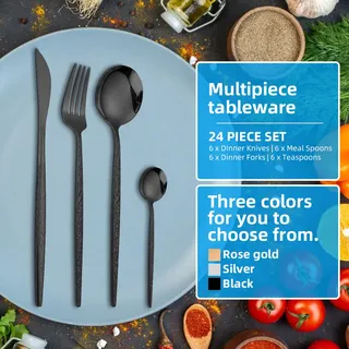 24 Stück Silberbesteck Set für 4 Edelstahl Besteck Set Geschirr Set enthalten Gabeln Messer Löffel Besteck Set für Haus Küche und Restaurant Party spülmaschinenfest - Silber, Schwarz