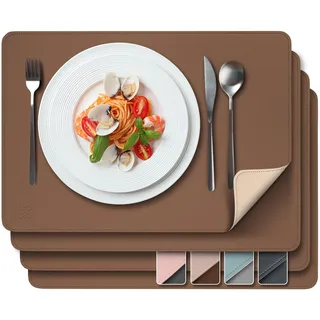 Loco Bird Tischsets beidseitig braun/beige 43x30cm - 4er Set aus Kunstleder - Platzsets Abwaschbar - Tischdeckchen aus Lederoptik - Platzdeckchen aus PU-Leder
