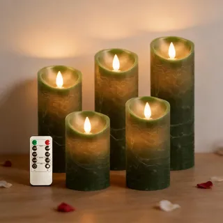 RosMank 5er Set LED-Kerzen, mit 10-Tasten-Fernbedienung, Flammenlos, aus Echtem Wachs, mit Flackernder Flamme, Dekoration für Weihnachten, Geburtstag, Hochzeit und Party, Grün