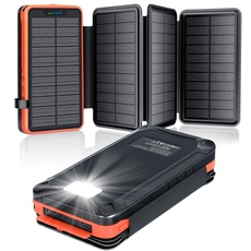 Bild Solar Powerbank 26800mAh, elzle Solar Ladegerät mit 2 USB-A Ausgang & 1 USB-C Eingang, Outdoor Wasserfester Externer Akku mit 4 Solarpanels und Taschenlampe für Smartphones Tablets Camping