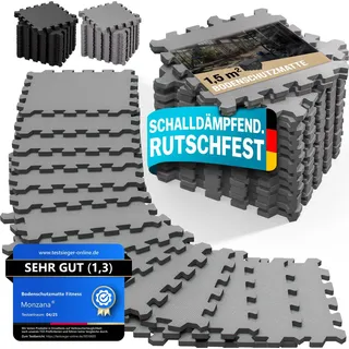 MONZANA® 18x Bodenschutzmatten Fitness & Pool mit Randstücken 30 x 30 cm 1,5 qm Rutschfest EVA-Schaumstoff Puzzlematte Trainingsmatten Fitnessgeräte - Grau