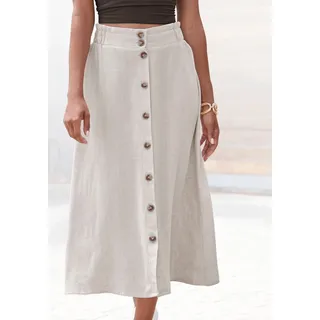 Midirock LASCANA, Damen, Gr. 38, beige (sand), Web, Obermaterial: 85% Viskose, 15% Leinen, unifarben, figurumspielend ca. Mitte Wade, Röcke Midirock, mit Knopfleiste, Leinenrock, Sommerrock, Topseller