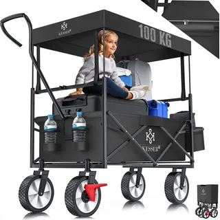 KESSER® Bollerwagen faltbar mit Dach Handwagen Transportkarre Gerätewagen | inkl. 2 Netztaschen und Einer Außentasche | klappbar | Vollgummi-Reifen | bis 100 kg Tragkraft | Mit Vorderrad-Bremse - Schwarz