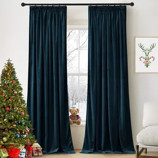 PONY DANCE Vorhang Samt Kräuselband Wohnzimmer Gardinen Samt 2er Set H 240 x B 132 cm Samtvorhänge (Gewicht: 300g/m2) Verdunkelungsvorhang Schiene Thermogardine Kälteschutz, Dunkelblau