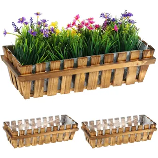 Relaxdays Blumenkasten, 3er Set, Holz, Lattenoptik, Fensterbank und Balkon, HxBxT 12 x 45 x 19,5 cm, Balkonkasten, Natur