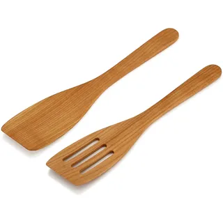 Linnuo Pfannenwender Holz 2er Set 30cm - Schutz vor Kratzer für Pfanne - Küchenhelfer aus edlem Kirschholz - Hitzebeständig, Antibakteriell - 100% EU Naturprodukt - Plastikfrei & Gesund - Spatula