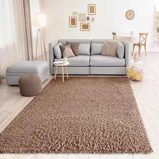 VIMODA Prime Shaggy Teppich Hochflor Langflor Teppiche Modern Einfarbig Nougat Hellbraun, Maße:Ø 80 cm Rund