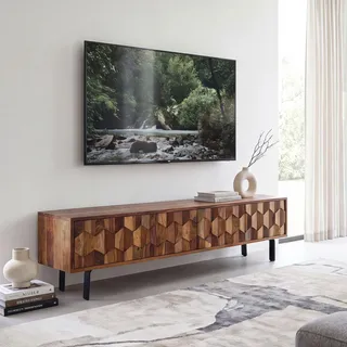 FineBuy Lowboard Sheesham Massivholz 160 cm TV-Board mit 3D Fronten 4 Türen Kabeldurchlass & Metallbeinen Schwarz Designer TV-Schrank für Wohnzimmer - Braun