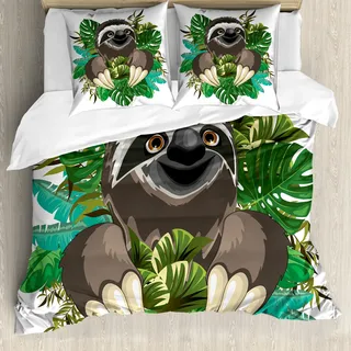 ABAKUHAUS Faultier Bettbezug, Cartoon Säugetier Dschungel, Milbensicher Allergiker geeignet mit Kissenbezügen, 155 cm x 220 cm - 80 x 80 cm, Schokolade Grün Elfenbein - Braun, Grün, Beige