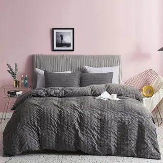 Freyamy Seersucker Bettwäsche 135x200cm 4teilig Grau Geprägt Streifen Strukturiert Chic Bettwaren Uni Microfaser Weiche Bettbezug 2 Bettdeckenbezüge mit Reißverschluss und 2 Kissenbezug 80x80cm