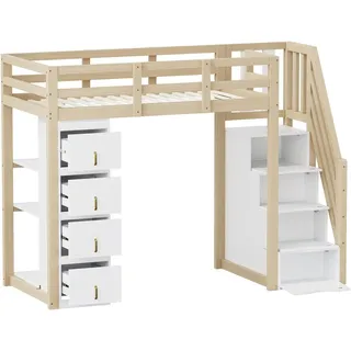 okwish Hochbett 90x200cm mit Stauraumregal und Schubladen Natur ohne Matratze