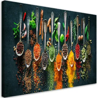 Feeby Bild Kräuter Gewürze für die Küche 90x60cm , Multicolor , Textil , Essen/Getränk , Rechteckig , 90x60 cm , Bilder & Rahmen, Bilder, Leinwandbilder