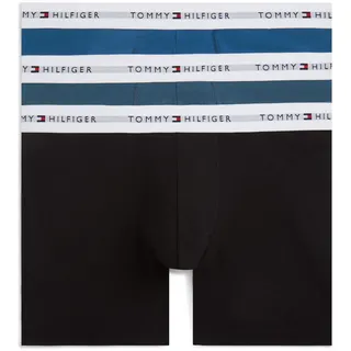 Boxer, Herren, Gr. L (52), 3 Stk., blk, blu jn, ag sea, Webqualität, Obermaterial: 95% Baumwolle, 5% Elasthan, TOMMY HILFIGER UNDERWEAR, unifarben, körpernah, Unterhosen Boxer, Körpernahe Passform mit elastischem Bund, lange Form