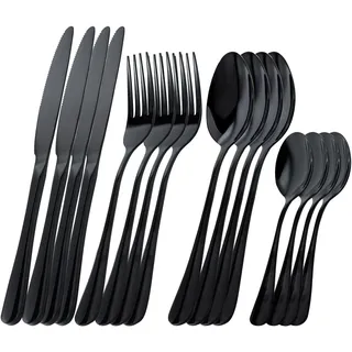OBR KING Besteck Set Schwarz 16-teilig Besteckset aus 18/0 Edelstahl, Cutlery einschließlich Messer Gabeln Löffel und Teelöffel, hochglanzpoliertes Bestecksets 4 Personen, Spülmaschinenfest