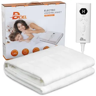 DOEL Heizdecke Einzel 150x80cm, Wärmeunterbett mit 10 Heizstufen, Elektrische Wärmedecke mit 3/12h Abschaltautomatik, Maschinenwaschbar Matratzenheizung, 220-230V, 50-60Hz, 66W, Weiß