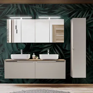Badmöbel Set in taupe mit Vintage Eiche PUEBLA-56-TAUPE Waschtisch mit 2 Keramik-Waschbecken, 2 LED-Spiegelschränke & Hochschrank, B/H/T 215/200/46 cm - Beige