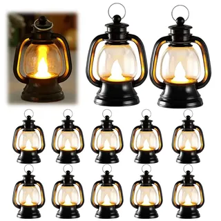 12 Stück Schwarz Mini Laterne LED, Mini Weihnachtsdeko Laterne, Tischdeko Weihnachten, Led Weihnachtslaterne, Vintage Kerze Laternen Hängende Für Mittelstück Geburtstag Weihnachten Party Retro