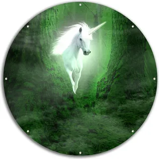 Wallario rundes Outdoor-Poster für Garten oder Balkon, Motiv Weißes Einhorn im grünen Wald, 60 cm Durchmesser - Grün