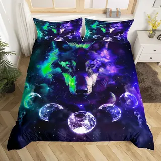 Homewish Galaxy Wolf Bettbezug 200x200,Grün Lila Mond Sternenhimmel Bettwäsche Set für Mädchen Jungen Erwachsene,Wild Safari Tiere Tröster Abdeckung Trippy Zimmer Dekor Boho Bett Set