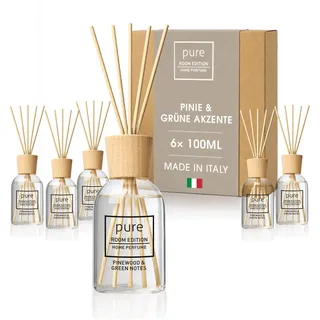 PURE ROOM EDITION 6X 100ml Pinie & grüne Akzente Raumduft SparBox | natürliche Inhaltsstoffe, vegan & tierversuchsfrei, Bio-Alkohol, Diffuser mit Stäbchen hergestellt in Italien