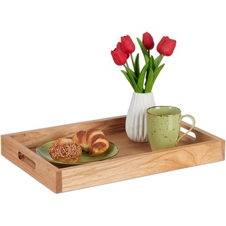 Relaxdays Serviertablett, Holz & MDF, HxBxT: 5 x 46 x 31 cm, Essenstablett mit Griffen, hoher Rand, rechteckig, natur