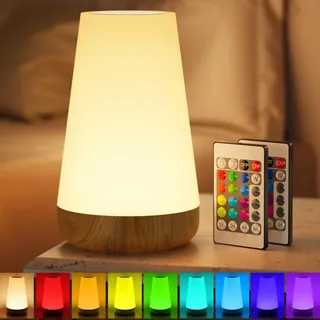 Nachttischlampe Touch Dimmbar, LED Nachtlicht 13 Farben/5 Helligkeitsstufen, Kabellose Tischlampe USB Aufladbar mit Timing Funktion, Schlafzimmer Kinderzimmer - 2xFernbedienung