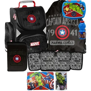 7tlg AVENGERS Schulranzen set Rucksack Federtasche Sportbeutel Trinkflasche Brotdose Schreibtischunterlage Spardose MARVEL set fur jungen