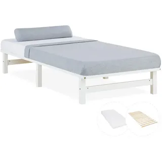 Homestyle4u Holzbett mit Matratze 90/200 cm weiß , Weiß , Holz , Kiefer , 90x200 cm , Schlafzimmer, Betten