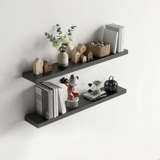 FurnitureR Wandregal 2er Set Schwarz 80x20 cm, Schweberegal mit verdeckter Halterung, Wandboard Holz 80 cm lang, modernes Wandregal für Wohnzimmer Schlafzimmer Küche Flur Büro, Floating Shelf