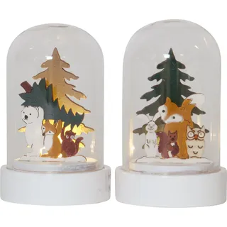 LED Weihnachtsdeko ,Forest Friends', 2er Set Glaskuppeln mit Tiermotiven aus Holz, Batterien + Timer, H 9cm