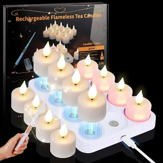 KIKILIVE led teelichter Flammenlose kerzen aufladbar mit Zauberstab fernbedienung timer,12pcs aufladbare teelichter mit ladestation für Zimmer Wohnzimmer Halloween Kürbis Weihnachten Party Deko