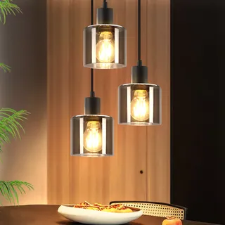 ZMH Pendelleuchte Schwarz Glas Esstisch 3 Flammig Hängelampe Vintage E27 Hängeleuchte Industrial Pendellampe Rund für Esszimmer Wohnzimmer Hotel Büro - Schwarz