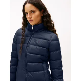 Steppmantel TOMMY JEANS "TJW ESSENTIAL HOODED DOWN COAT", Damen, Gr. M (38), blau (schwarz night navy), Web, Obermaterial: 100% Polyester. Futter: 100% Polyester, unifarben, regular fit hüftbedeckend, Rippbündchen, Mäntel Steppmantel, mit Fellimitat, Logostickerei
