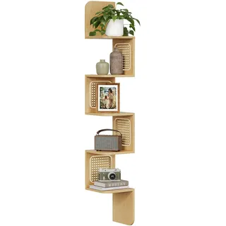 VASAGLE Eckregal, Wandregal 5 Ebenen, Schweberegal, Regal Wandmontage, Zickzack-Form, PVC-Rattan-Seitenplatten, platzsparend, für Küche Schlafzimmer Wohnzimmer, Boho-Stil, eichenbeige LLS582Y57