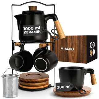 MIAMIO - 1 Liter Keramik-Teekanne-Set mit Siebeinsatz und Tassen/Teesieb, 4 Keramik-Teetassen (300 ml), Bambus-Untersetzer/Henkel für Haus und Büro (Schwarz)