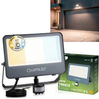 LUMILED LED Strahler Außen 100W 11000lm CCT 3000K 4000K 6500K mit Bewegungsmelder Dämmerungssensor IP65 Wasserdicht Fluter Außenstrahler Garten Garage Hof Wandstrahler Aluminium Grau Scheinwerfer Flutlichter schwarz Flutlichtstrahler - Grau