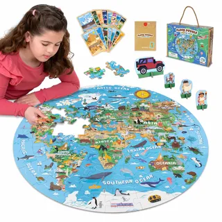 BONNYCO XXL Puzzle Kinder Weltkarte mit 70 Große Teile. Rund Kinderpuzzle mit Tieren, 58 x 58 cm, 15 Lernkarten, 4 3D-Figuren, Vorlage. Lernspiele, Geschenk, Spielzeug ab 4 Jahre Junge