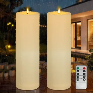 Kimjo 10CM x 30CM Flammenlose Große LED Kerzen Outdoor Wasserdicht 2 Stück - Elfenbeinweiß Plastik Led Kerzen mit Timerfunktion Fernbedienung - Led Kerzen Flackernde Flamme 500+ Stunden Batterie