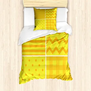ABAKUHAUS Gelb Bettbezug Set, Sammlung Verschiedenen Mustern Im Flat Design Zickzack Punkte Vertikale Linien Retro, 135 x 200 cm + 80 x 80 cm, Gelb Orange