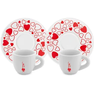Bialetti Y0TZ021 Set 2 Tassen Moka Herz (mit Untertassen), Porzellan, rot/weiß