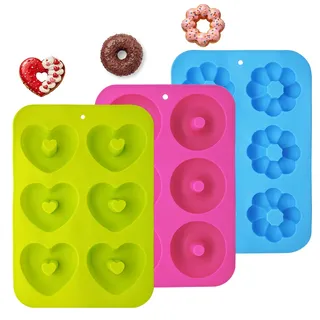 3 Stück Donut Silikonformen Backen Set Donuts Backform Einfach zu Entformen und Reinigen für Donuts, Muffins, Bagels, Kuchen, Eiswürfel, Schokolade(Runde, Blumen und Herz)